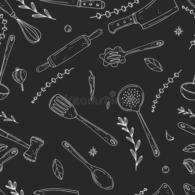 Seamless vector pattern of elements with hand drawn kitchen tools on a chalkboard background royalty free illustration