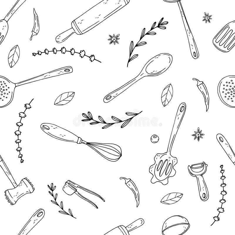 Seamless vector pattern of elements with hand drawn kitchen tools on a white background. Sketch style stock illustration