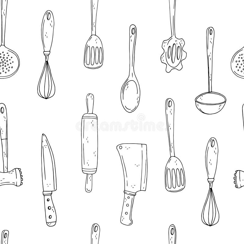 Seamless vector pattern of elements with hand drawn kitchen tools on a white background vector illustration
