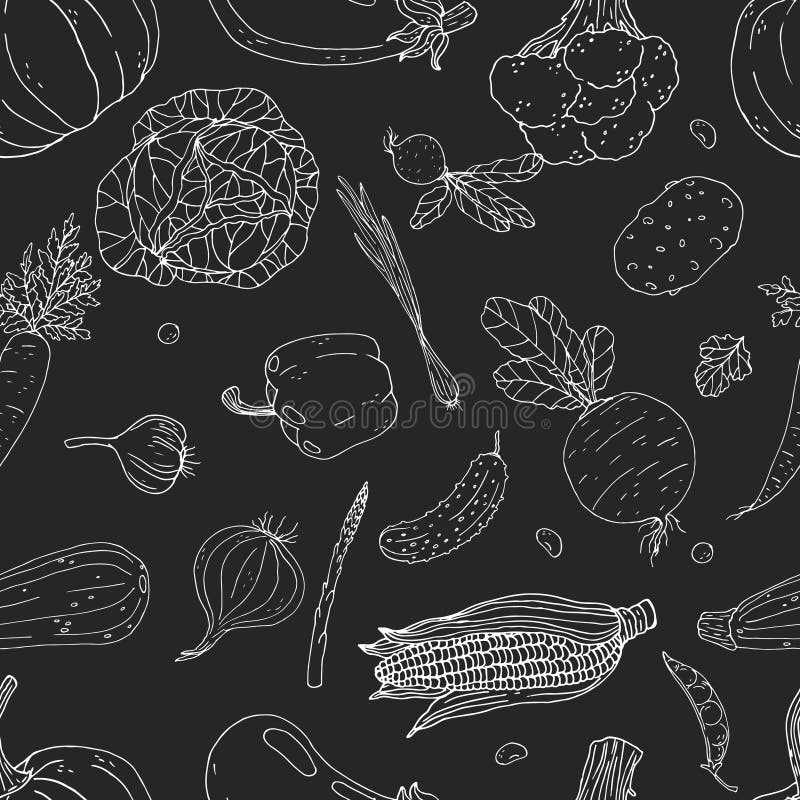 Seamless vector pattern of elements with hand drawn vegetables on a chalkboard background stock illustration