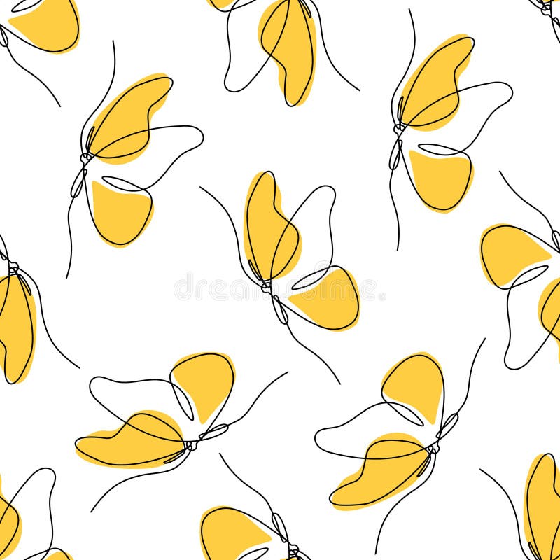 Seamless vector pattern featuring elegant butterflies created with continuous lines and bold yellow accents. Minimalist and modern vector illustration
