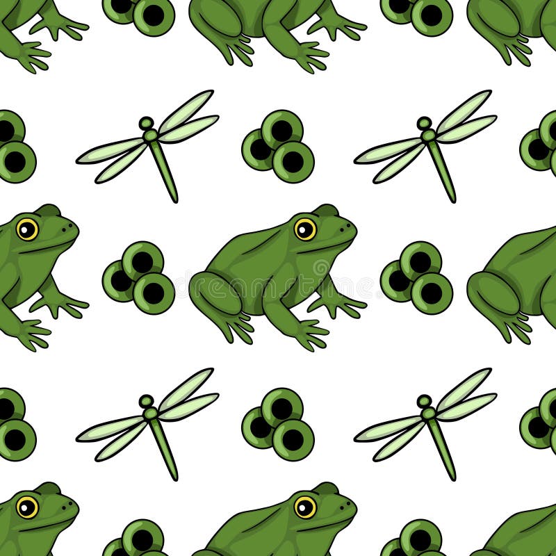 Seamless vector pattern featuring playful green frogs and delicate dragonflies amidst abstract green circles stock illustration