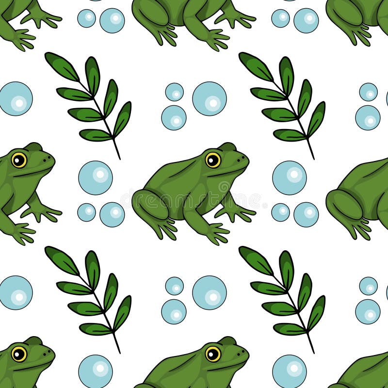 Seamless vector pattern featuring playful green frogs, delicate green leaves, and light blue bubbles on a white background vector illustration