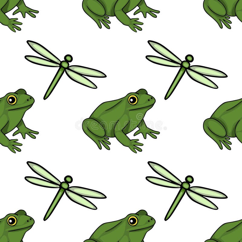 Seamless vector pattern featuring playful green frogs and delicate light green dragonflies on a clean white background, evoking a stock illustration