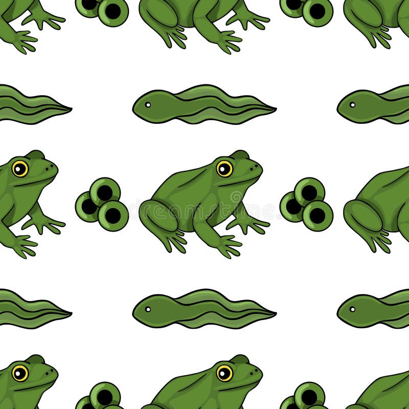 Seamless vector pattern featuring playful green frogs and tadpoles in a repeating, whimsical design stock illustration