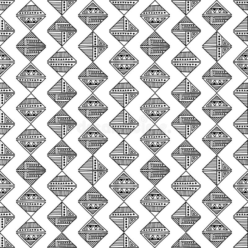 Seamless vector pattern. Geometrical background with hand drawn decorative tribal elements in black and white colors. Print with e