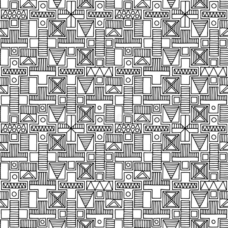 Seamless vector pattern. Geometrical background with hand drawn decorative tribal elements in black and white colors. Print with e