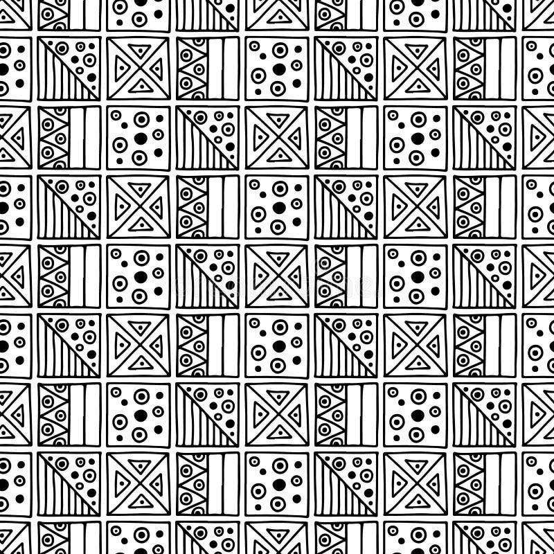 Seamless vector pattern. Geometrical background with hand drawn decorative tribal elements in black and white colors. Print with e