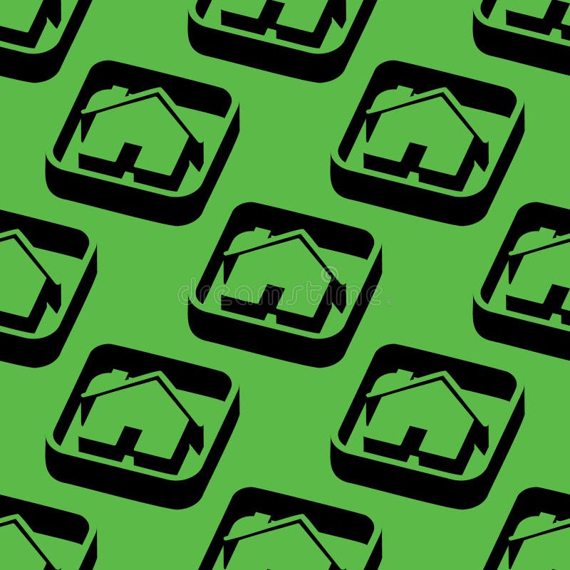 Seamless vector pattern with isometric house signs in a square frame on a green background. Clean negative space design ideal for stock illustration
