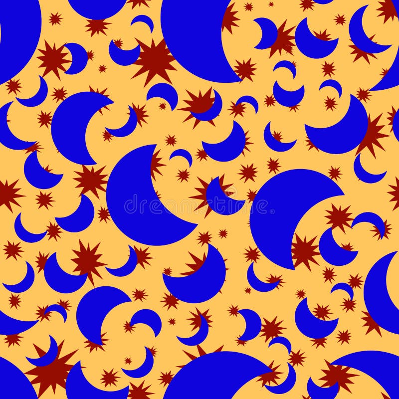 Seamless pattern: blue moon and red stars on a yellow background. stock illustration Seamless pattern: blue moon and red stars on a yellow background. stock illustration