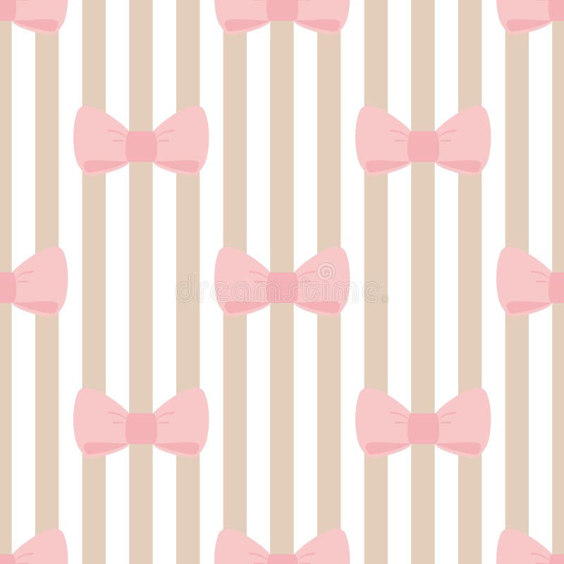 Seamless vector pattern with pastel pink bows on a light brown and white stripes background.