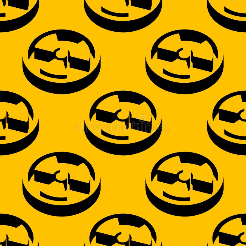 Seamless vector pattern with radiation symbols in circular frames on a yellow background. Bold and minimal design with negative stock illustration