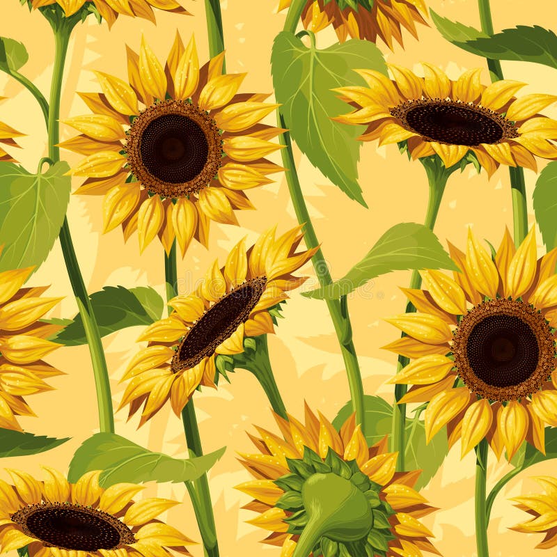 Seamless vector pattern of realistic sunflower flowers on a yellow backgrou...
