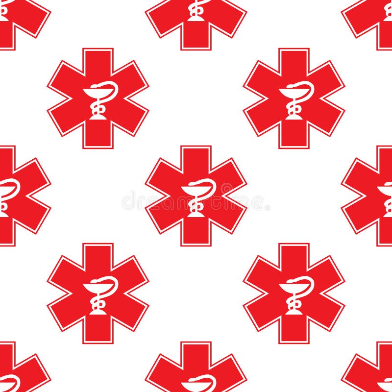 Seamless vector pattern with red medical symbols featuring the Rod of Asclepius. Clean, minimal design suitable for healthcare vector illustration