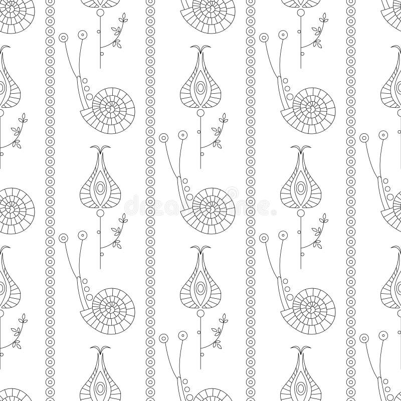 Seamless vector pattern. Symmetrical repeating background with decorative ornamental snails, flowers and leaves on the white royalty free illustration Seamless vector pattern. Symmetrical repeating background with decorative ornamental snails, flowers and leaves on the white royalty free illustration
