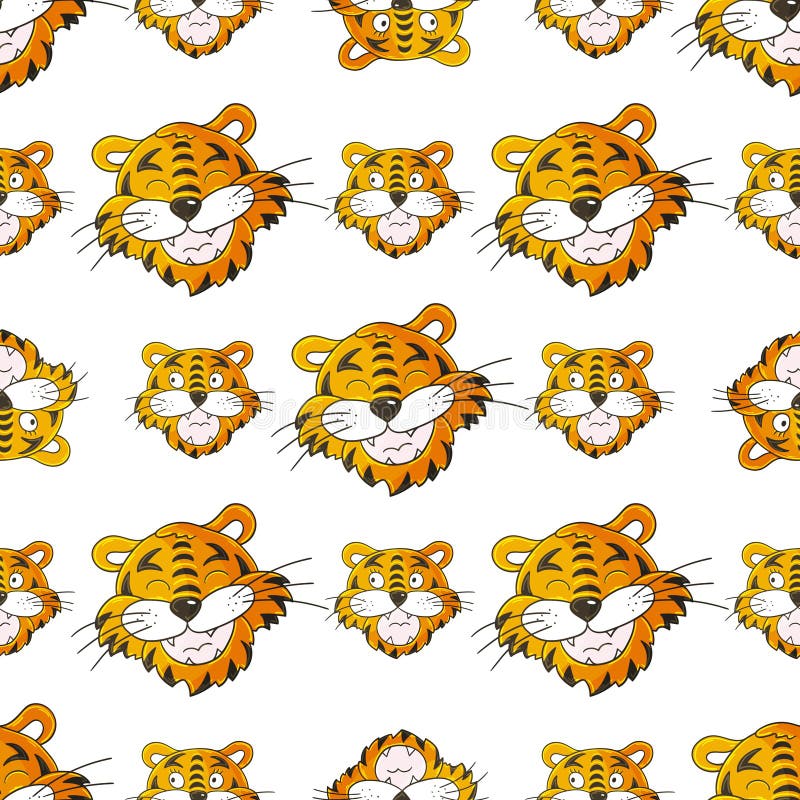 Seamless vector pattern with tigers heads. Pattern in hand draw style. Year of the tiger 2022. Can be used for fabric vector illustration