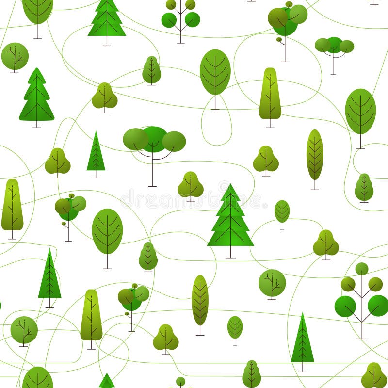 Seamless vector pattern with trees and forest paths. Geometric design for fabric, wallpaper, giftwrap or postcard vector illustration