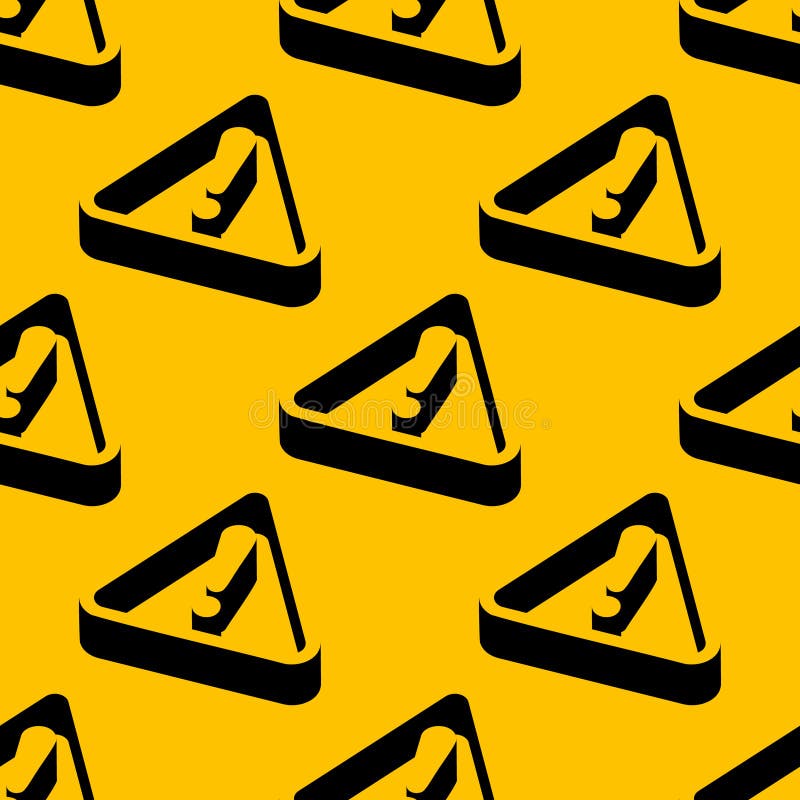 Seamless vector pattern with warning signs in isometric style and bold black shapes on a yellow background. Negative space design stock illustration
