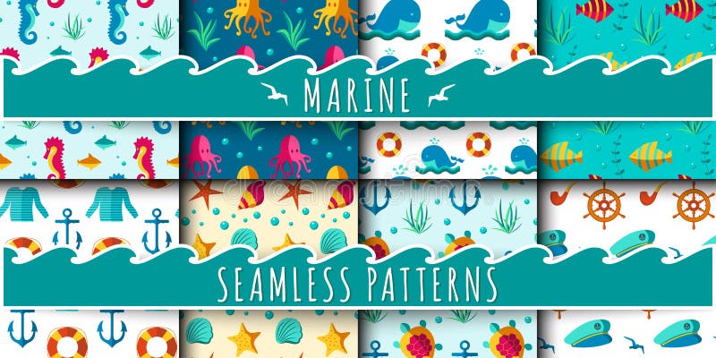 Seamless vector patterns with nautical elements wave collection paper. Ocean sea vector blue texture wallpaper marine seamless patterns. Water nautical element abstract marine seamless patterns. Seamless vector patterns with nautical elements wave collection paper. Ocean sea vector blue texture wallpaper marine seamless patterns. Water nautical element abstract marine seamless patterns.