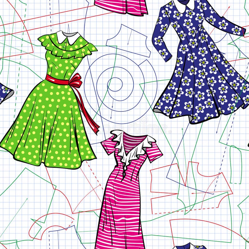 Seamless Vector Sewing Pattern with Paper Patterns and Sketches