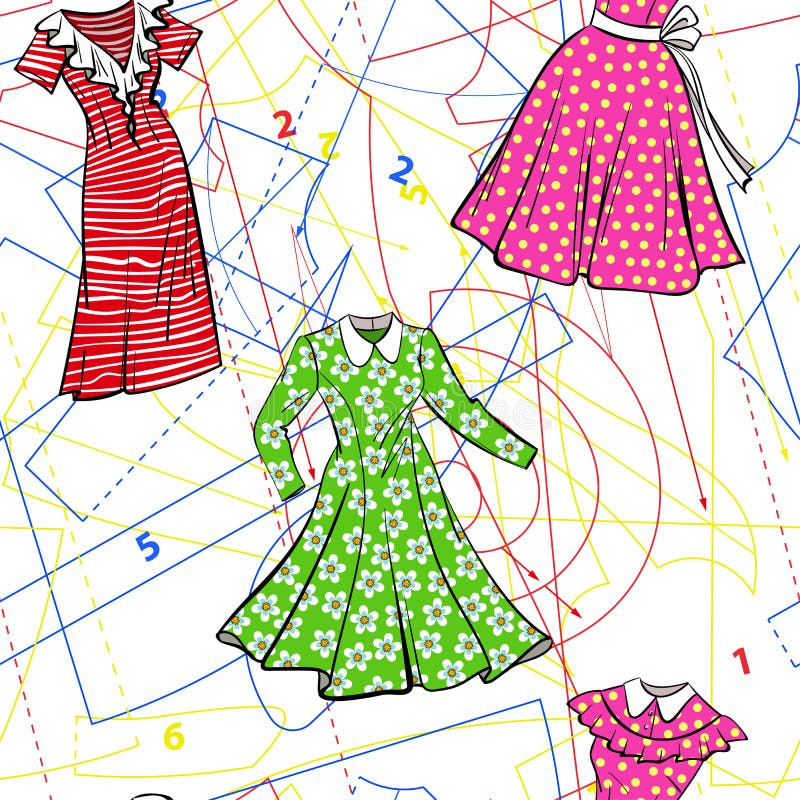 Seamless Vector Sewing Pattern with Paper Patterns and Sketches of Vintage Dresses Stock Vector Illustration of pattern clothes 156900040