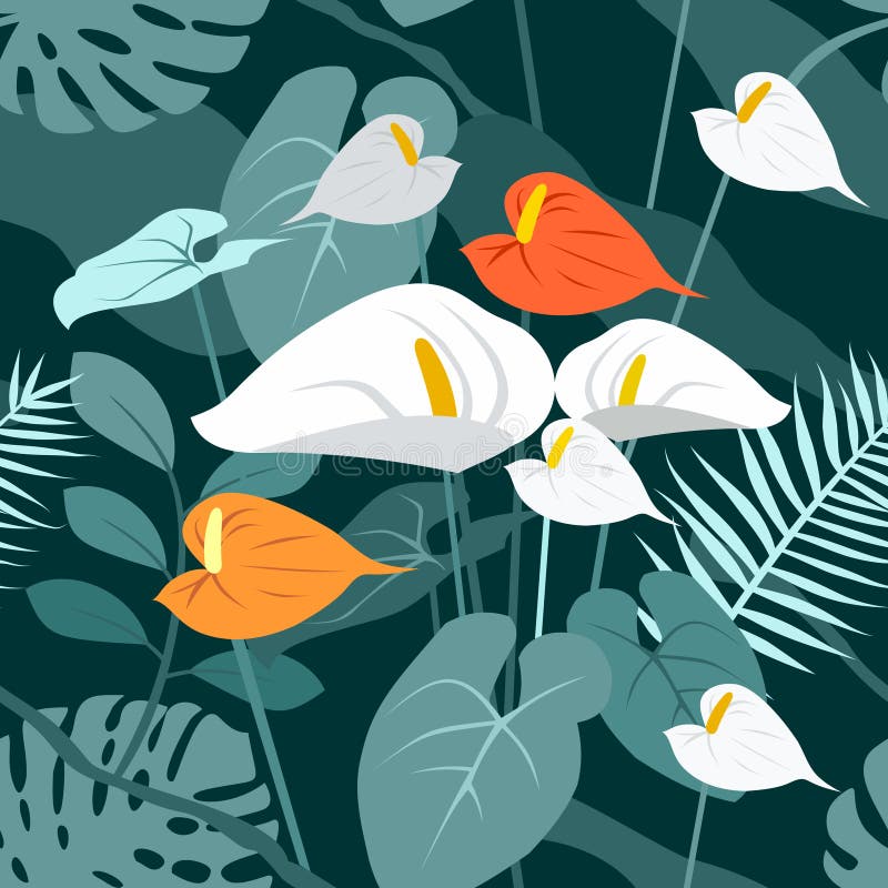 Seamless vector trend texture pattern of tropical flowers and leaves. Anthurium, monstera in the jungle. Blooming garden