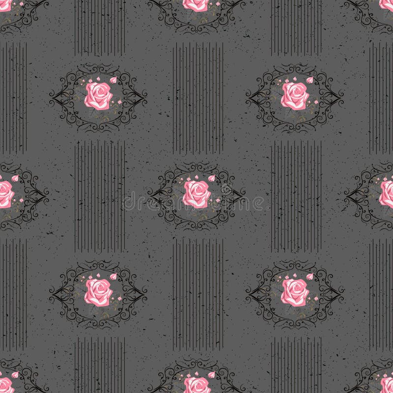 Seamless vector vintage pattern with Victorian bouquet of red flowers on a black background. White roses, tulips, delphinium with royalty free illustration Seamless vector vintage pattern with Victorian bouquet of red flowers on a black background. White roses, tulips, delphinium with royalty free illustration