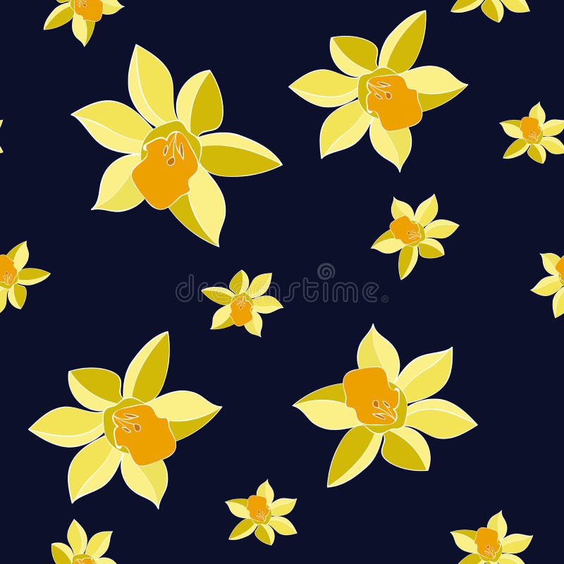 Seamless Vector Yellow daffodil flowers on dark background. Floral pattern with narcissus flowers. Fashion style for prints, silk