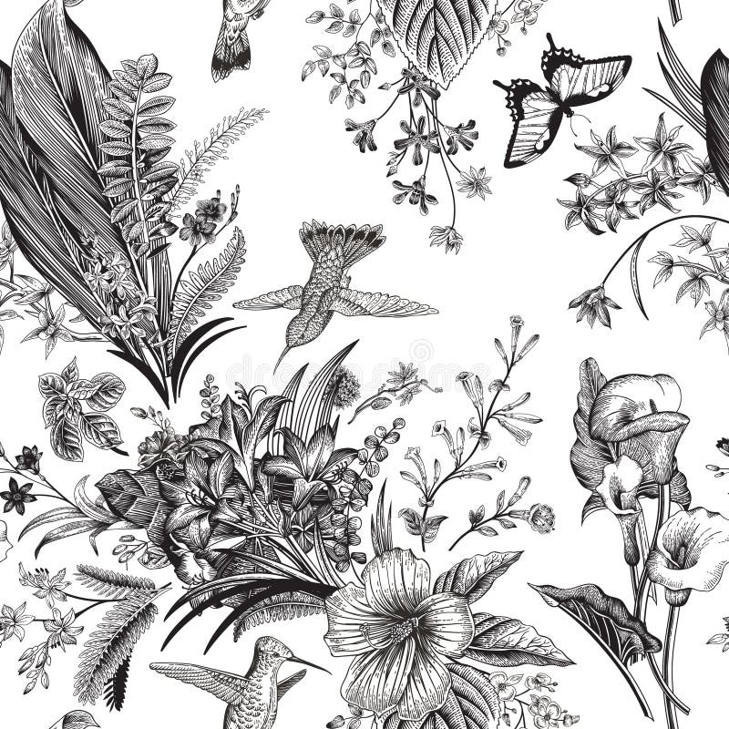Seamless vektortappning för blom- modell Exotiska blommor och fåglar vektor illustrationer