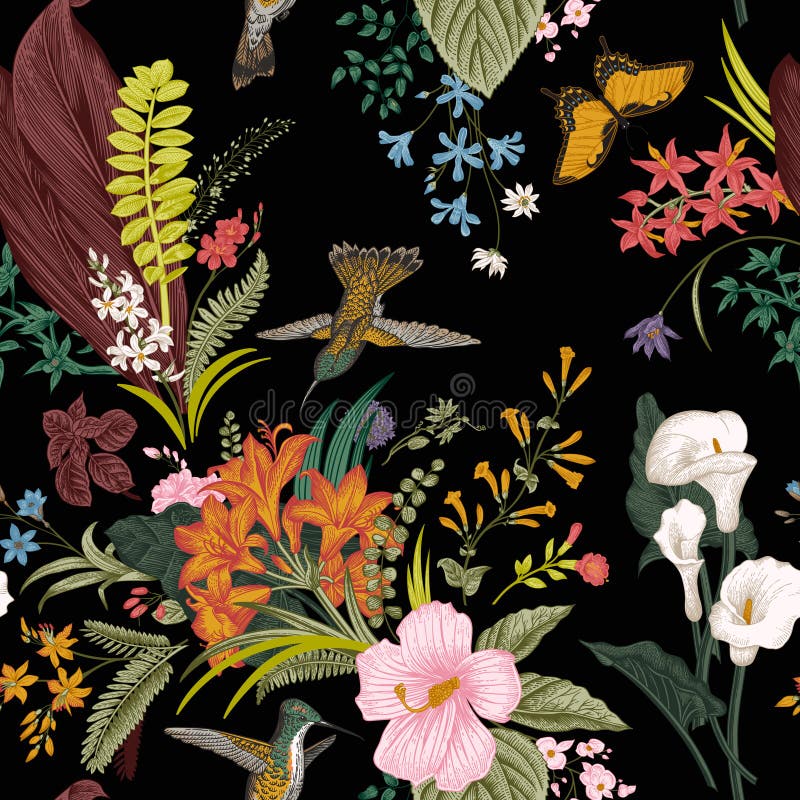 Seamless vektortappning för blom- modell Exotiska blommor och fåglar stock illustrationer