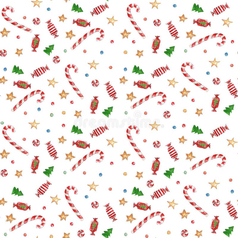 Seamless watercolor Christmas pattern background with candies, firs, stars and balloons on white background