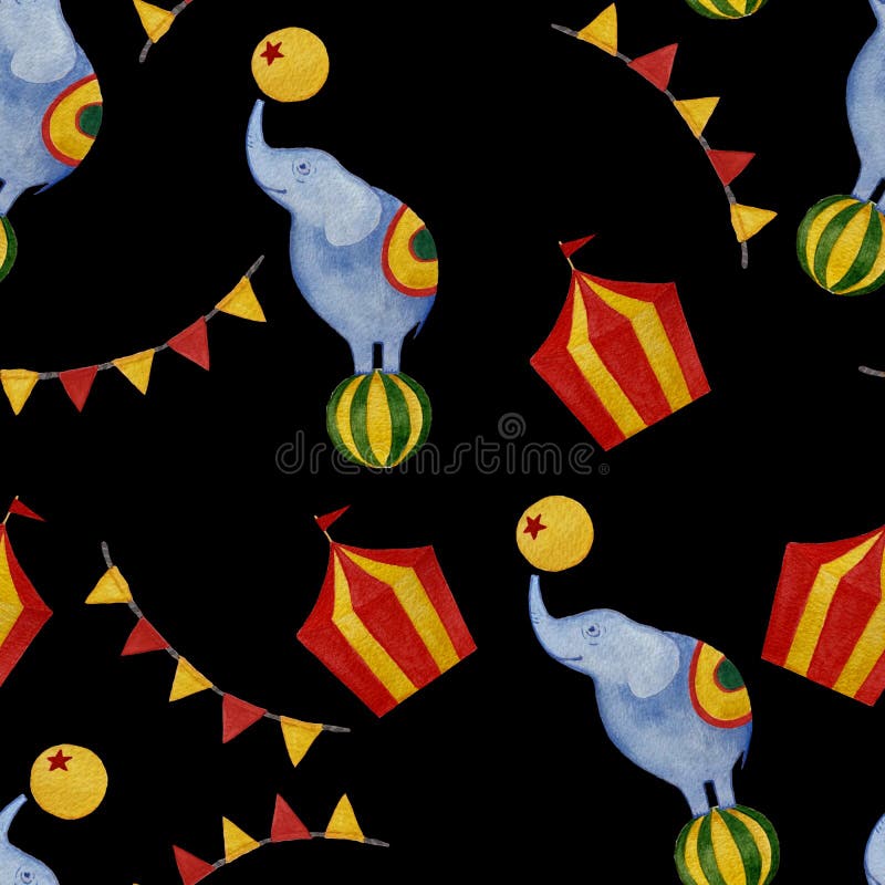 Seamless watercolor circus pattern: elephant, flags, tant vector illustration Seamless watercolor circus pattern: elephant, flags, tant vector illustration