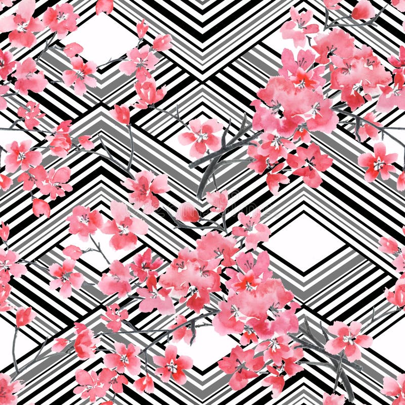 Seamless watercolor floral pattern.Pink Sakura flowers on black and white stripes. royalty free illustration Seamless watercolor floral pattern.Pink Sakura flowers on black and white stripes. royalty free illustration