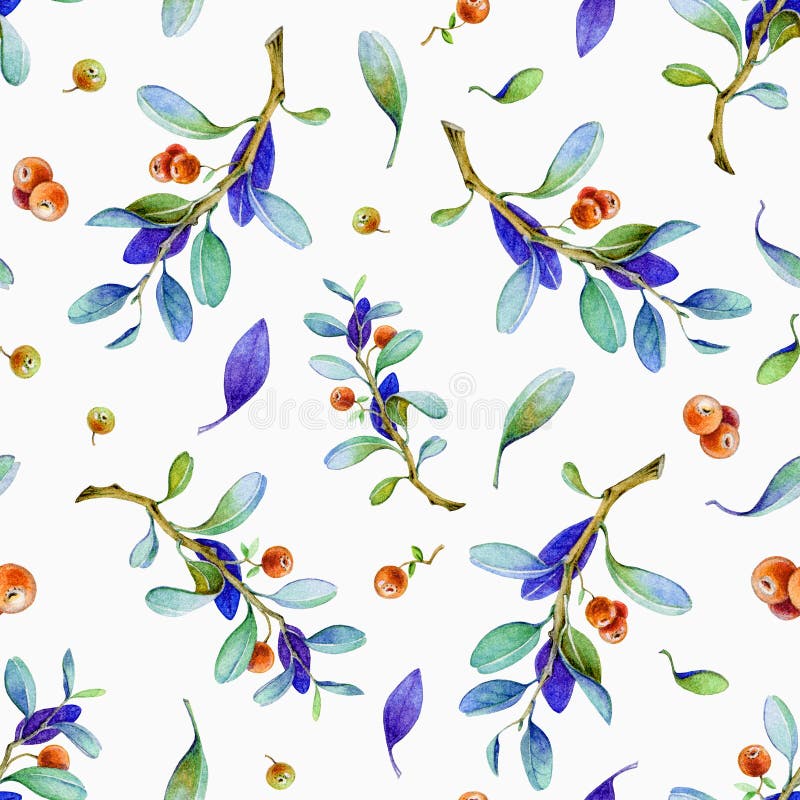 Seamless watercolor hand painted cowberry pattern with realistic red berries and nature elements. Lingonberry on white background vector illustration Seamless watercolor hand painted cowberry pattern with realistic red berries and nature elements. Lingonberry on white background vector illustration