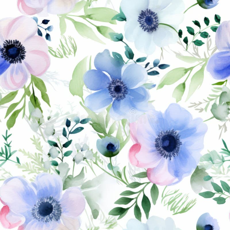 Seamless Watercolor Pattern with Anemones and Delicate Spring Flowers