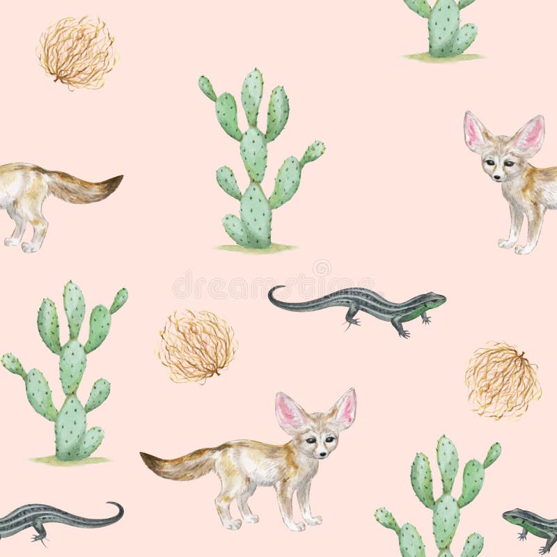 Seamless watercolor pattern with cactus, fennec fox, lizard and tumbleweed