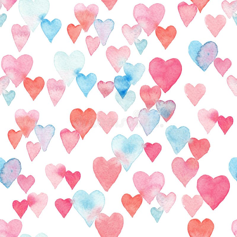 Seamless Watercolor Pattern with Colorful Hearts - Pink, Purple, Blue ...