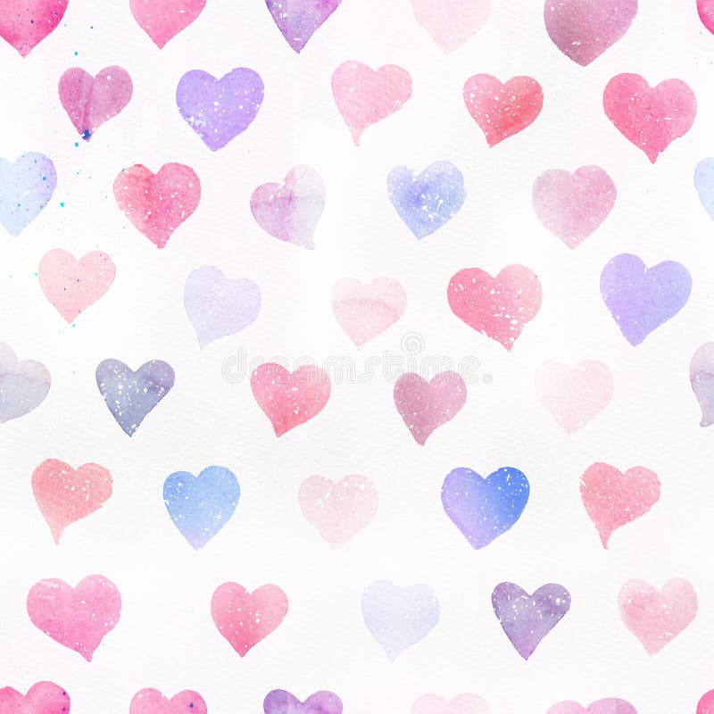 Seamless watercolor pattern with colorful hearts - romantic light and soft tints of pink and red.