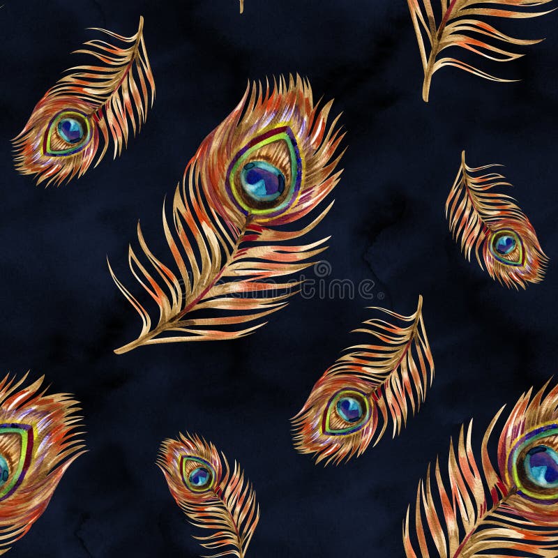 Seamless watercolor pattern with gold peacock feathers