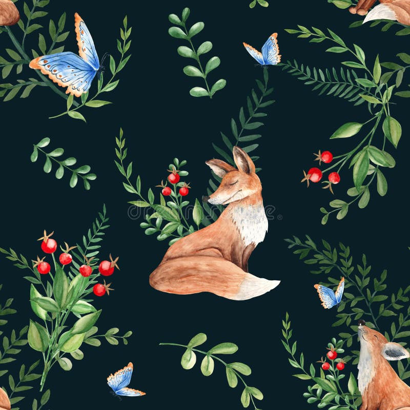 Seamless watercolor pattern with mother and baby fox, green leaves and red berries, fern, branches, blue butterfly on