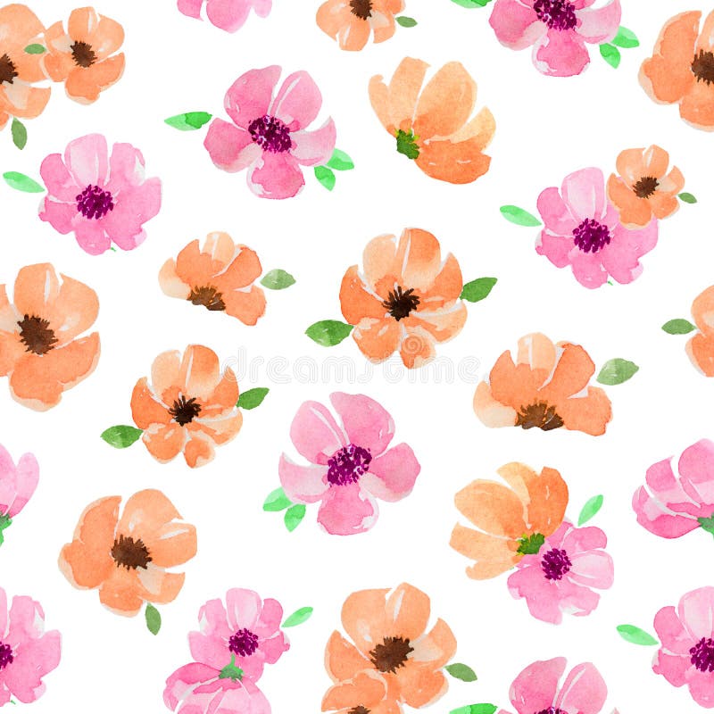 Seamless Watercolor Pattern with Pink and Orange Handmade Flowers and ...