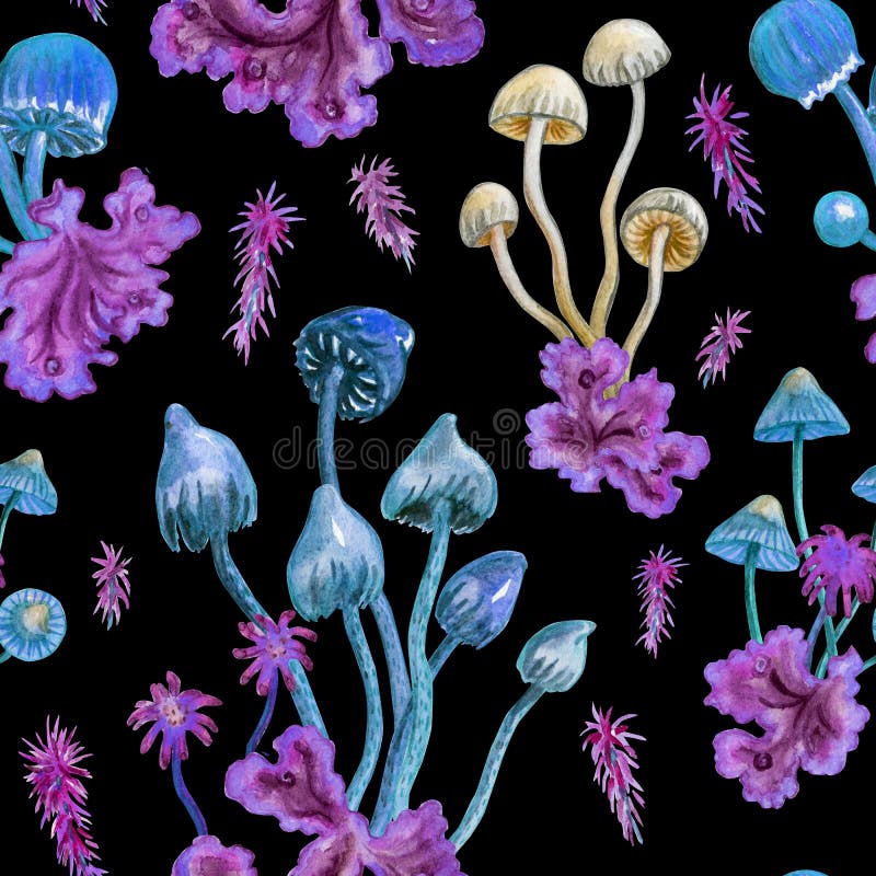 Seamless watercolor pattern of toadstools and moss on a black background. Printing for fabric, wallpaper and other decor with mushrooms.