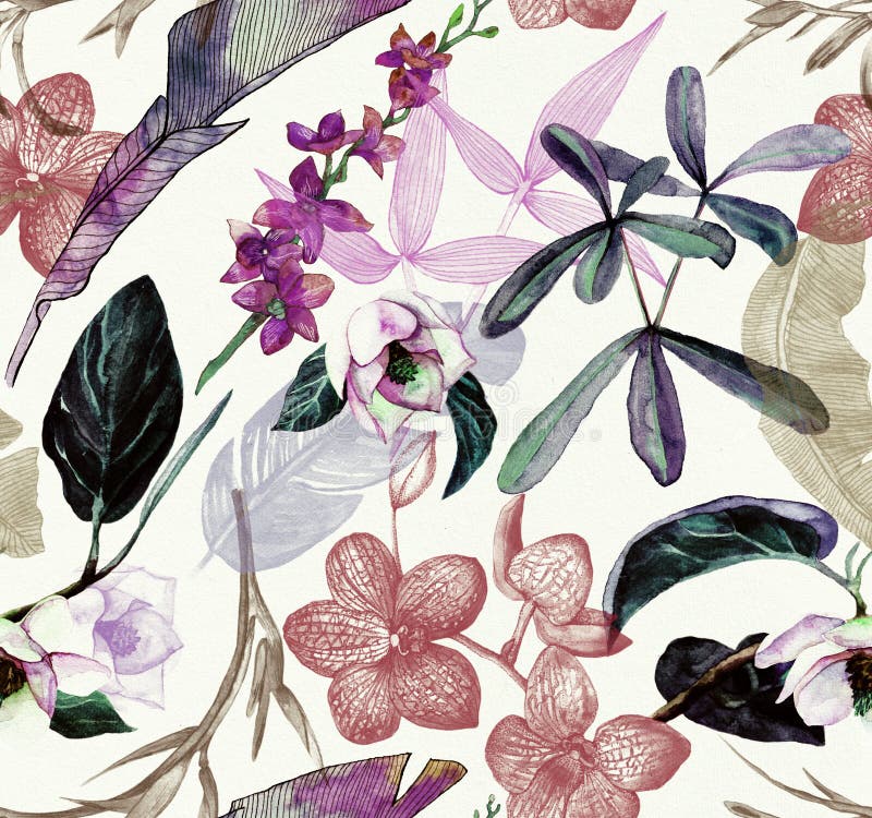 Seamless watercolor pattern with tropical flowers, magnolia, orange flower, vanilla orchid, tropical leaves, banana leaves