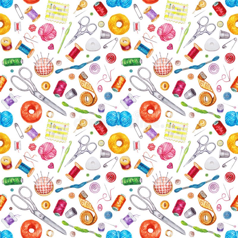 Seamless Watercolor Pattern Of Various Sewing Tools. Sewing Kit Stock