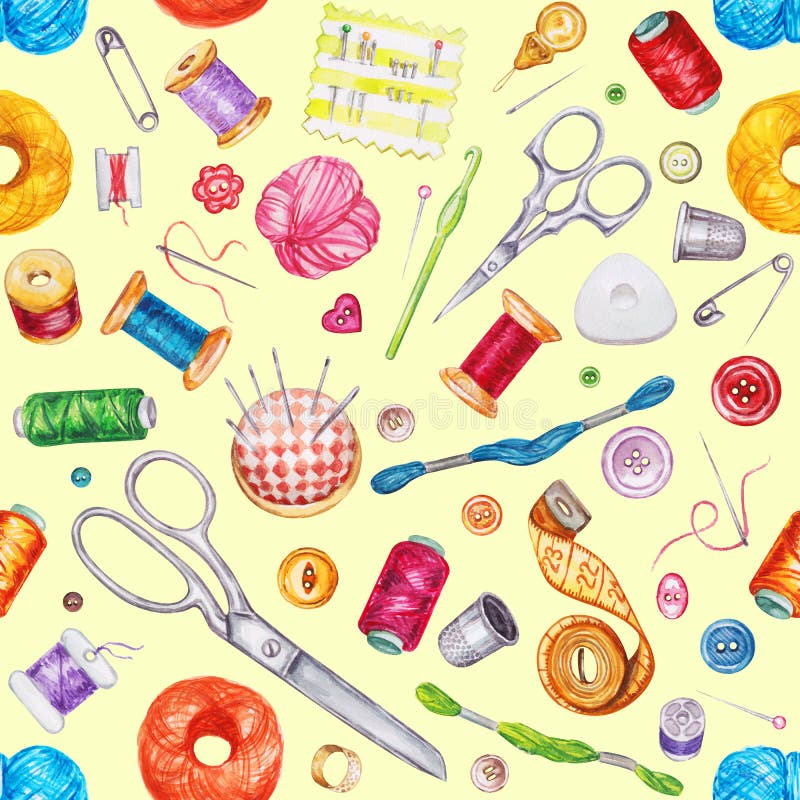 Seamless Watercolor Pattern of Various Sewing Tools. Sewing Kit Stock ...