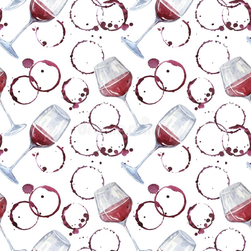 seamless watercolor pattern with wine glasses and round red wine stains, splashes