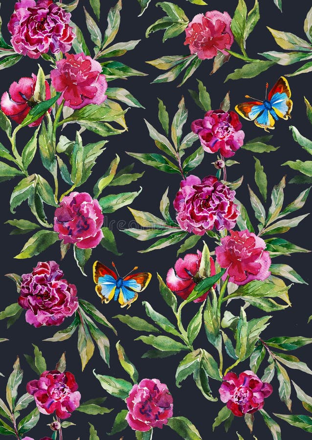 Seamless watercolor peony pattern on dark grey background with leaves, flowers and blue butterfly stock illustration Seamless watercolor peony pattern on dark grey background with leaves, flowers and blue butterfly stock illustration