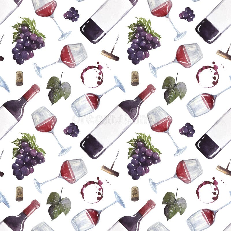 seamless watercolor wine pattern with drawings of wine glasses, bottle, branches of grape, corkscrew, wine cork