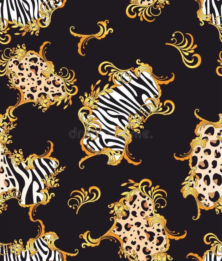 Seamless Wild Safari Skin Pattern.Gold Baroque Ornament.Golden ...