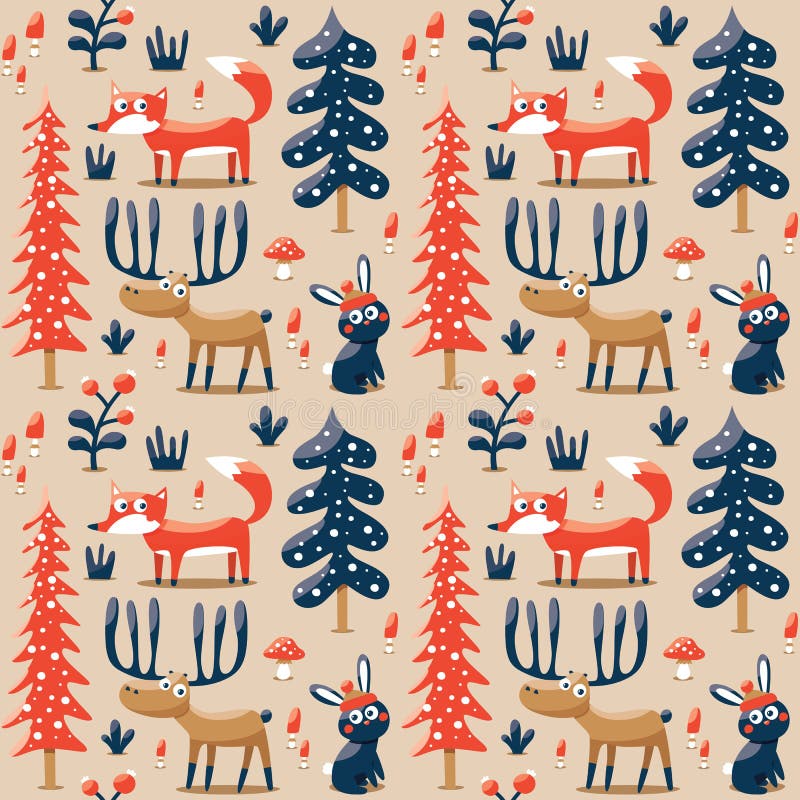 Seamless winter christmas pattern fox, rabbit, mushroom, moose, bushes, plants, snow, tree